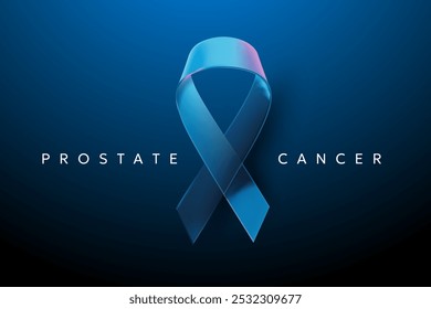 Vector 3d illustration of prostate cancer blue realistic ribbon with loop on dark blue background. Symbol of prostate cancer awareness. Template design of ribbon with word for awareness month campaign