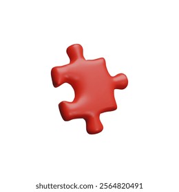 Vector 3D illustration of puzzle piece, red on isolated background. Logic puzzle. Partnership and teamwork. Strategy in business and cooperation. Minimalistic cartoon style.