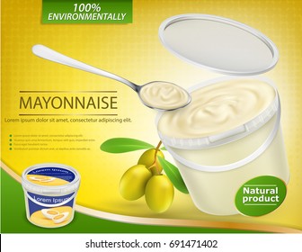 Vector 3D illustration, realistic poster with a plastic pail filled with olive mayonnaise and a nearby twig with olives. Template, mock up for advertising and promotion of new mayonnaise, sauce