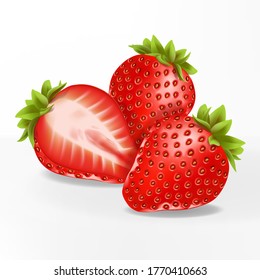 Vector 3D Illustration Realistic Sliced Strawberries Illustration in White Background