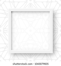 Vector 3d Illustration of Realistic Square Frame. White Blank Picture Frame Mockup Template on Ornamental Tribal Background