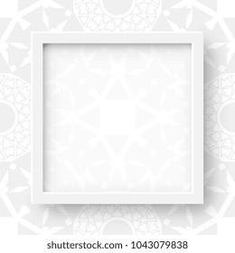 Vector 3d Illustration of Realistic Square Frame. White Blank Picture Frame Mockup Template on Ornamental Tribal Background