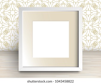 Vector 3d Illustration of Realistic Square Frame. White Blank Picture Frame Mockup Template on Wall with Wallpaper Background