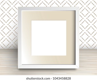 Vector 3d Illustration of Realistic Square Frame. White Blank Picture Frame Mockup Template on Wall with Wallpaper Background