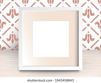 Vector 3d Illustration of Realistic Square Frame. White Blank Picture Frame Mockup Template on Wall with Wallpaper Background