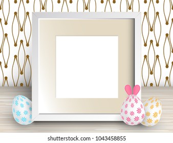 Vector 3d Illustration of Realistic Square Frame and Easter Eggs. White Blank Picture Frame Mockup Template