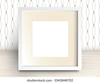 Vector 3d Illustration of Realistic Square Frame. White Blank Picture Frame Mockup Template on Wall with Wallpaper Background