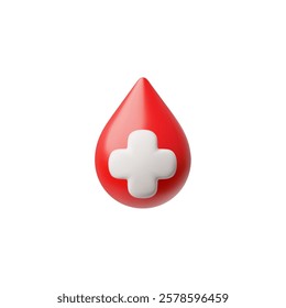 Vector 3d illustration of red blood drop with white cross. Medical icon on isolated background. Healthcare or donation. Health and help theme. Cartoon style. Logo.