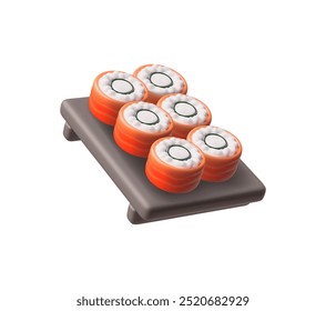 Vector 3D illustration of red fish sushi on tamaki-dai. This traditional Japanese seafood food is presented in cartoon style as an icon on an isolated background.