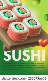 Vector 3d illustration of red fish sushi poster on Tamaki-Dai with green background. This traditional Japanese seafood food is drawn in cartoon style, with space for text.