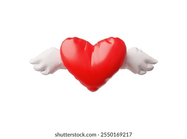 Vector 3d illustration of a red heart with white wings on an isolated background. Inflatable shape. Symbolic element for Valentine's Day or Wedding. Cartoon style decoration element.