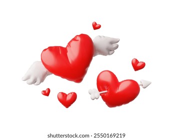 Vector 3D illustration of red hearts with an arrow and wings, surrounded by small hearts. Inflatable elements for Valentine's Day. Symbols of love and relationships. Isolated background.