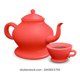 Vector 3d illustration red porcelain teapot with cup on isolated from background. Realistic image of kitchenware. Kettle and cup for recipes, banners and your design