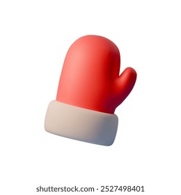 Vector 3D illustration of red winter mitten with a white cuff, designed in a smooth, minimalistic style. Ideal for New Year or Christmas greeting cards, winter-themed projects, and holiday decorations