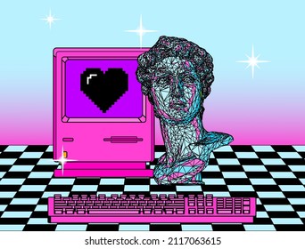 Vector 3D illustration of retro computer with CRT monitor and bust sculpture. Vaporwave style image in pastel colors.