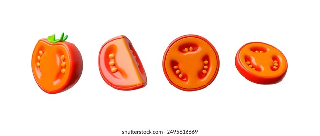 Vector 3D illustration of ripe tomatoes cut into different slices. The set features tomato halves and slices on an isolated background, ideal for culinary design.