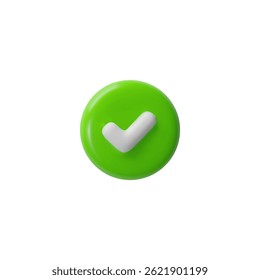 Ilustração em 3D vetorial de um ícone verde redondo com uma marca de seleção branca. Confirmação, aprovação, conclusão, sinal de êxito. Para interfaces e aplicativos. Estilo de desenho animado. Plano de fundo isolado.