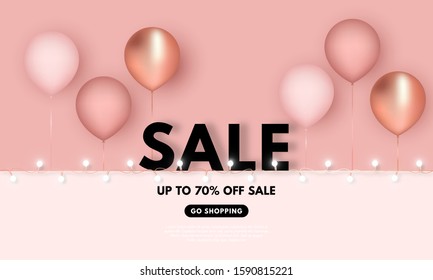 Vector 3D illustration Sale background with realistic pink and gold balloons with white garland. Modern advertising. Minimalism. Isolated on pink background.