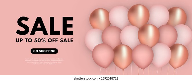 Vector 3D illustration Sale background with realistic pink and gold balloons. Modern advertising. Minimalism. Isolated on pink background.