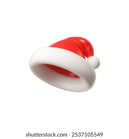 Vector 3d illustration of Santa Claus hat isolated on white background. Red traditional headdress of Christmas character. New Year symbolic accessory. Cartoon plastic style.