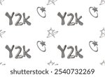 Vector 3D illustration of seamless background with Y2K liquid chrome font and stars with rings. Abstract endless retro pattern for textile, wallpaper or paper. Fashionable 2000s era.