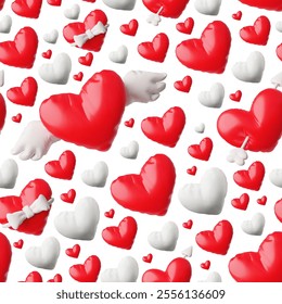 Vector 3D illustration of seamless background with inflatable shapes of red and white hearts with wings, arrow and ribbon with bow. Valentine's Day. Wallpaper, textile or paper for February 14.