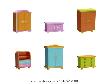 Vector 3D illustration of a set of cabinets and chests of different shapes and colors. Ideal dressing room furniture for storing books, clothes and linen. Cartoon style on isolated background.