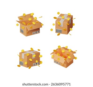 Vector 3D ilustración conjunto de cajas de cartón con la caída de la moneda de oro. Entrega de dinero, concepto de donación con ganancias para caridad.