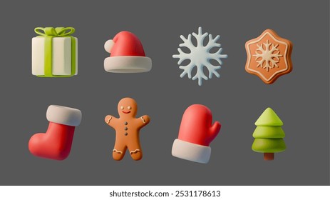 Vector 3D illustration set of Christmas themed objects: a gift box, Santa hat, snowflakes, gingerbread cookie, mitten, stocking, and Christmas tree. Perfect for festive designs, cards, and decorations