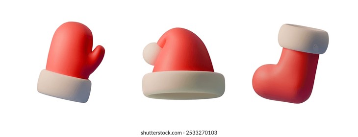 Conjunto de ilustración 3D de Vector de artículos de Navidades: manopla roja, sombrero de Santa y bota. Diseñado en estilo minimalista con puños blancos suaves, perfecto para decoraciones navideñas, tarjetas y temas de invierno