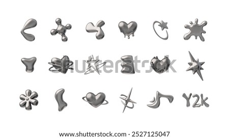 Vector 3D illustration of a set containing futuristic liquid elements in y2k style. Shiny chrome shapes emphasize the fashion of the 2000s, suitable for various designs.