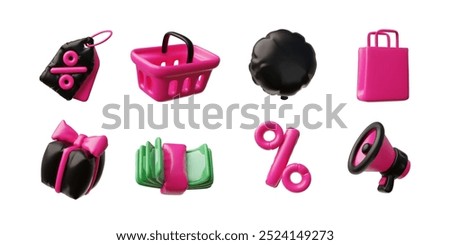 Vector 3d illustration of a set of elements: megaphone, shopping basket, dollars, gift box, bags and percent. Inflatable and plastic elements for decoration on Black Friday sale. Isolated background.