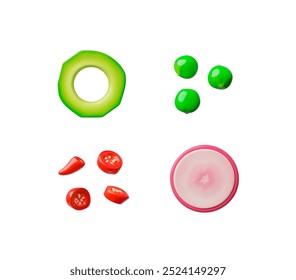 Ilustração em 3D vetorial de um conjunto com a imagem de pedaços fatiados de legumes: pimenta, abobrinha, rabanete e ervilhas verdes. Elementos decorativos para design. Comida vegetariana. Plano de fundo isolado.