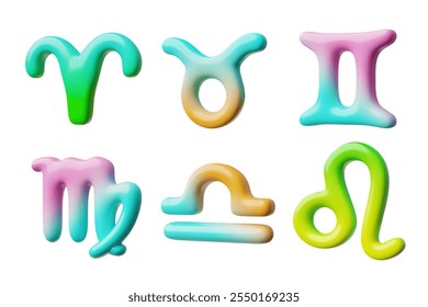 Vector 3D ilustración de un conjunto con la Imagen de signos del zodiaco de dibujos animados con una textura de gradiente multicolor. Símbolos astrológicos de Aries, Tauro, Géminis, Virgo y otros sobre un fondo aislado.