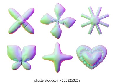 Vector 3D illustration of a set with the image of chrome inflated shapes on an isolated background. Abstract holographic figures: heart, star, flower and others. Retro-futurism Y2K style. Rendering.