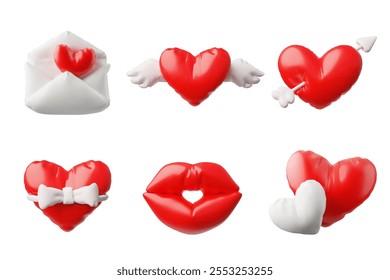 Vector 3D illustration of a set with the image of lips, a heart with an arrow, with wings, with an envelope and with a bow. Symbolic elements of love for Valentine's Day. Inflatable form.