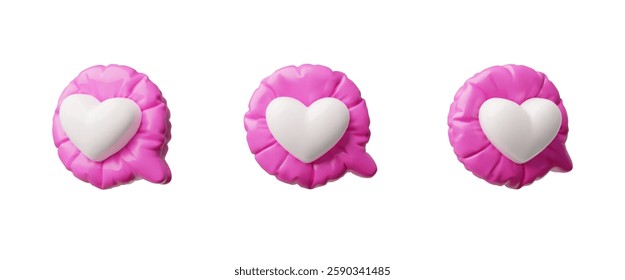 Vector 3D illustration of a set of inflatable dialog boxes with a heart from different sides. Chat bubbles, round, pink. For social media notifications. Love. Isolated background.