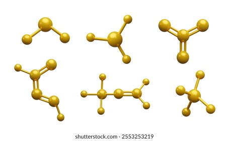 Ilustração em 3d vetorial do conjunto de moléculas na cor dourada em diferentes compostos. Conceito de pesquisa de ligação molecular em química, biologia e medicina. Moléculas de colagênio ou soro. Estilo de desenho animado.