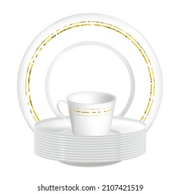 Vector 3d illustration with set of plates stacked and one placed in the form of frame. Plates with a golden edging texture and a cup. Concept porcelain, ceramic tableware.