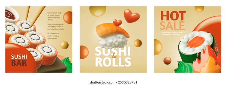 Vektor 3d Illustration einer Reihe von Plakaten mit Bildern von verschiedenen Sushi für die Verwendung in Werbebannern von Sushi-Bars und heißen Rabatten. Japanische traditionelle Meeresfrüchte. Platz für Text.