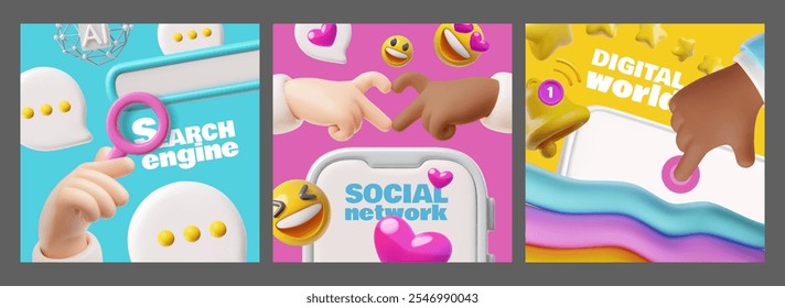 Vector Ilustración 3D de un conjunto de carteles con emoji, motor de búsqueda, burbujas de discurso y pantalla táctil con las manos. Concepto de redes sociales, tecnologías de Internet y comunicación en línea.