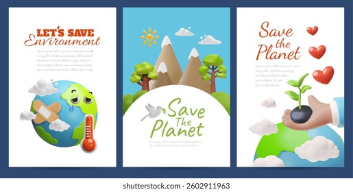 Vector 3D illustration of a set of posters with a planet and a thermometer, with a hand holding a green sprout and mountains and trees. Concept of saving the world. Ecology and environment. Text.