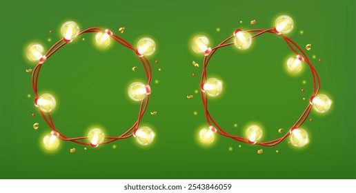 Ilustração vetorial 3d de um conjunto de quadros redondos feitos de guirlandas com lâmpadas brilhantes e pequenas partículas. Decoração de Natal em um fundo verde isolado. Elementos decorativos para design.