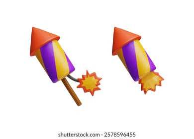 Vector 3d illustration of set of two striped firecrackers with burning flame and fuse. Rocket popper for fireworks at festival, celebration or party. Isolated background.