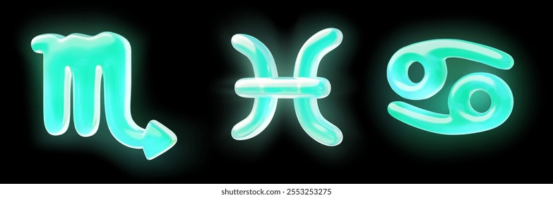 Vector 3d illustration of a set of zodiac signs of the zodiac - scorpio, fish and cancer. Astrological symbols in green neon color with glowing structure. Isolated black background.