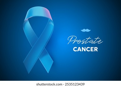 Vector 3D ilustración de brillo cáncer de próstata azul cinta realista con bucle. Símbolo de la conciencia del cáncer de próstata. Diseño de la Plantilla de la cinta con la palabra y el bigote para la tarjeta de la campaña del mes de la concienciación