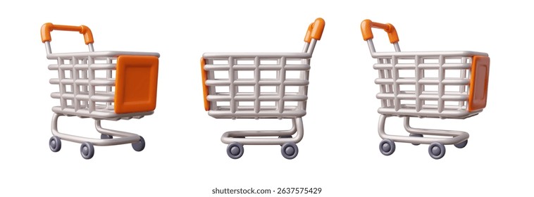 Vector 3D illustration of shopping cart set from different sides. Empty cart on wheels for consumerism, retail, supermarket shopping. Cartoon style. Isolated background. Illustration.