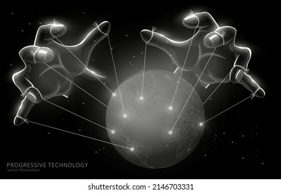 
Vector 3D illustration of similar on a black background hands that control the planet Earth, like a puppet, a symbol of business, finance and
  conspiracy theories.