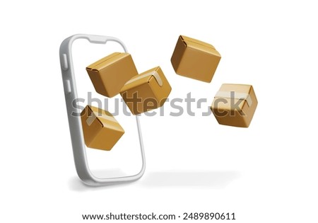Vector 3D illustration of a smartphone with packaging boxes flying out of it, symbolizing online shopping and delivery, on an isolated background in a cartoon style.