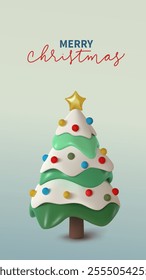 Vector  3d illustration of snowy and decorated Christmas and New Year tree, colorful ornaments, and star, perfect for conveying festive joy and holiday spirit. Handwritten Merry Christmas text